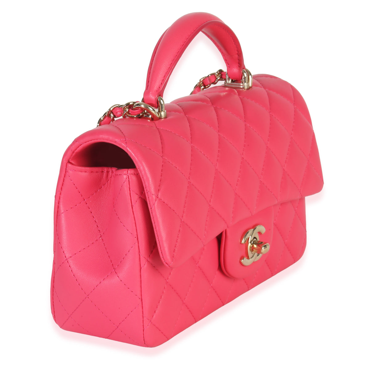 Dark Pink Quilted Lambskin Mini Rectangular Top Handle Flap Bag