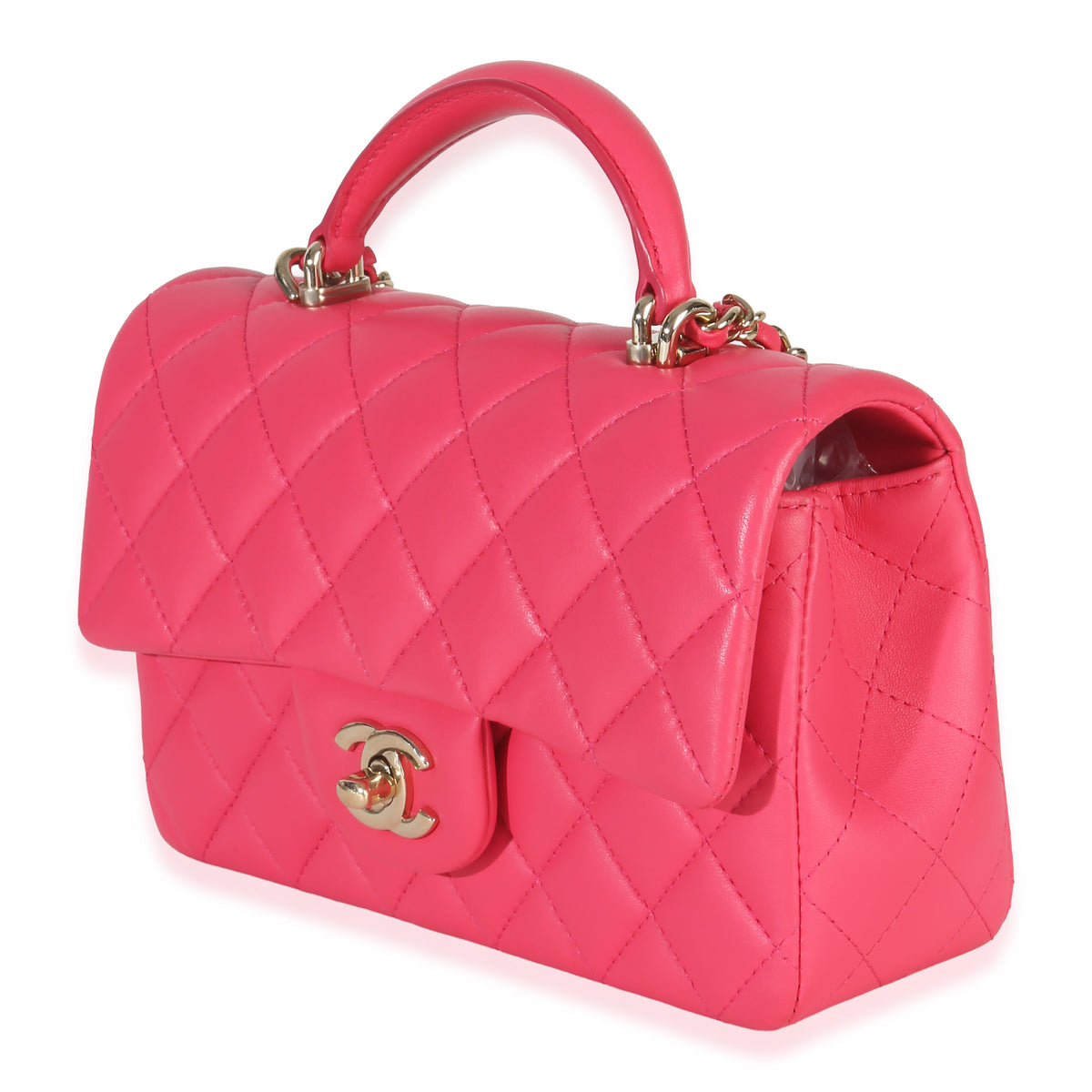 Dark Pink Quilted Lambskin Mini Rectangular Top Handle Flap Bag