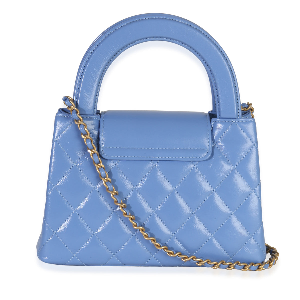 Blue Shiny Aged Calfskin Quilted Nano Kelly Shopper