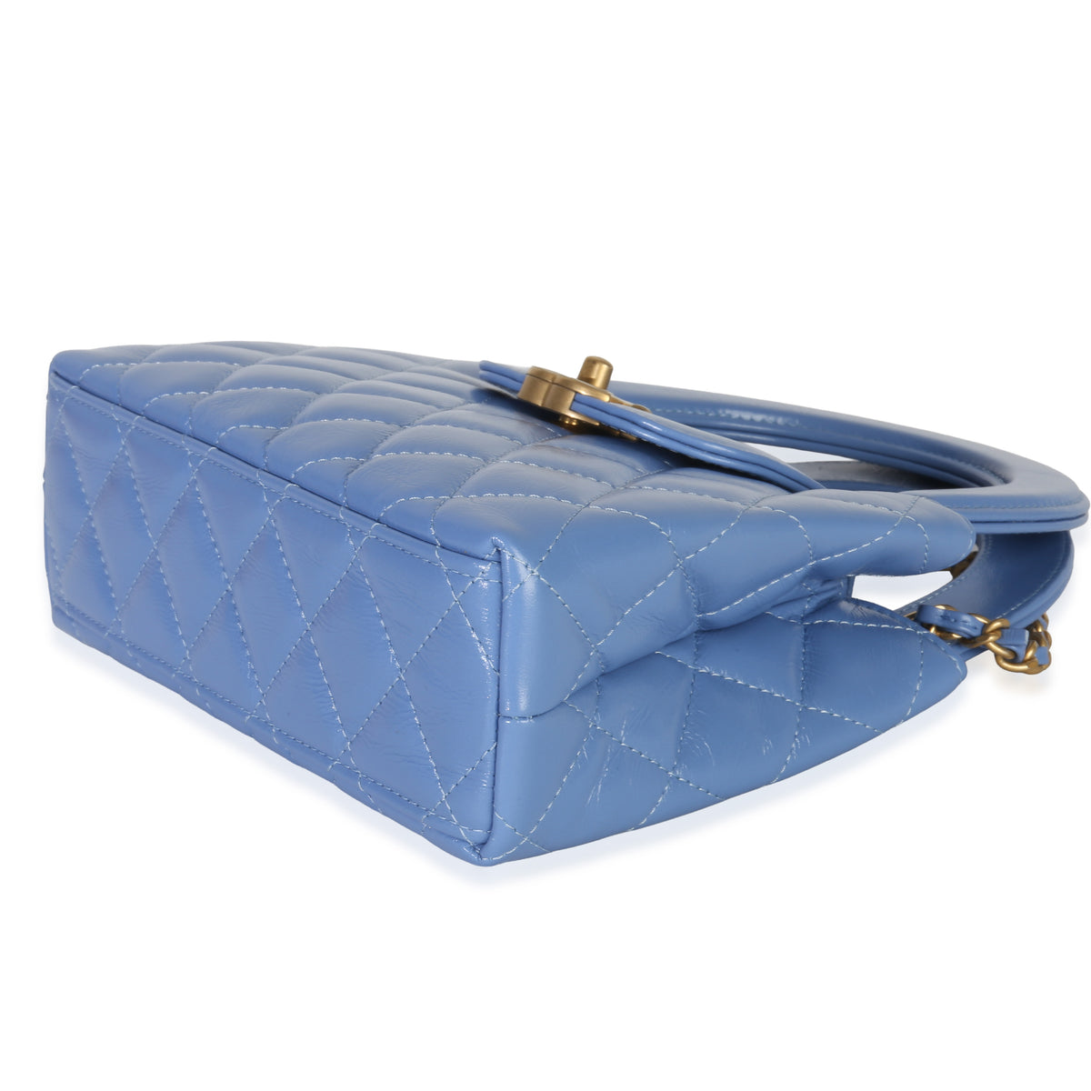 Blue Shiny Aged Calfskin Quilted Nano Kelly Shopper