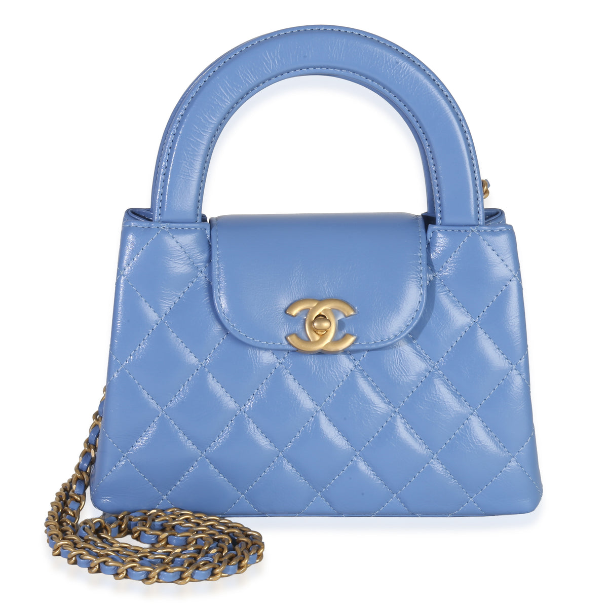 Blue Shiny Aged Calfskin Quilted Nano Kelly Shopper