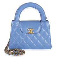 Blue Shiny Aged Calfskin Quilted Nano Kelly Shopper