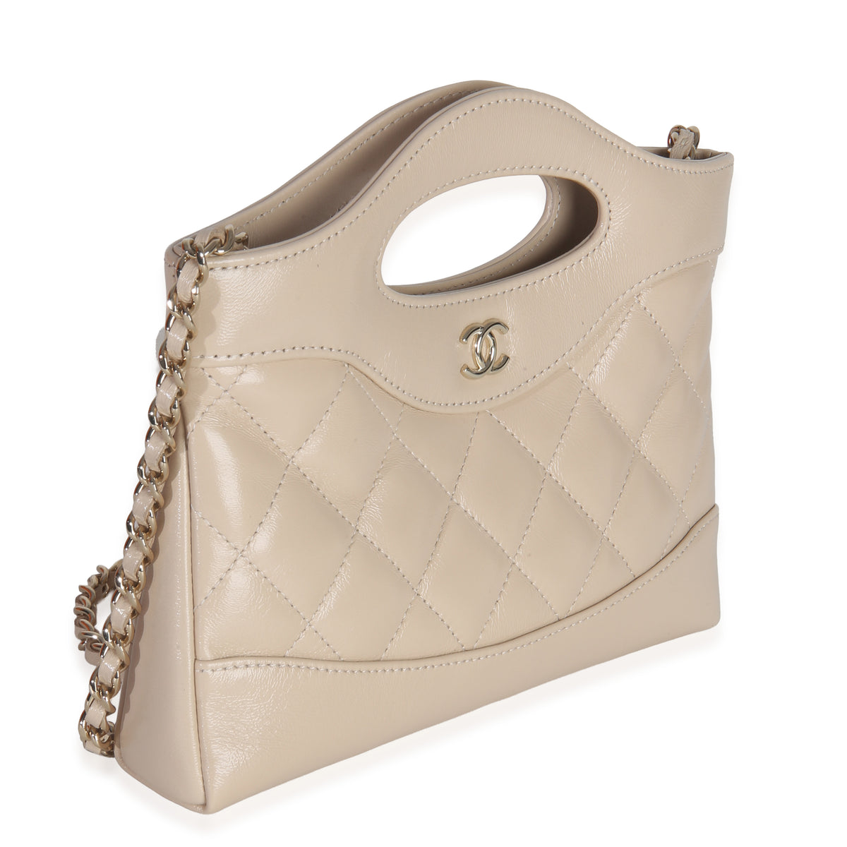 Beige Shiny Aged Calfskin Quilted Nano Kelly Shopper