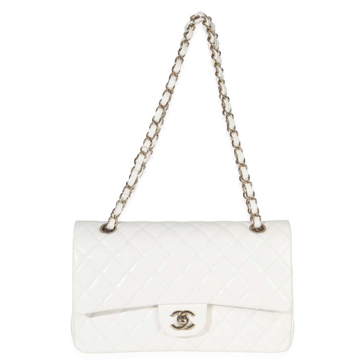 White Quilted Caviar Medium Double Flap Handbag