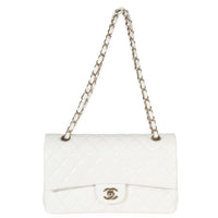 White Quilted Caviar Medium Double Flap Handbag