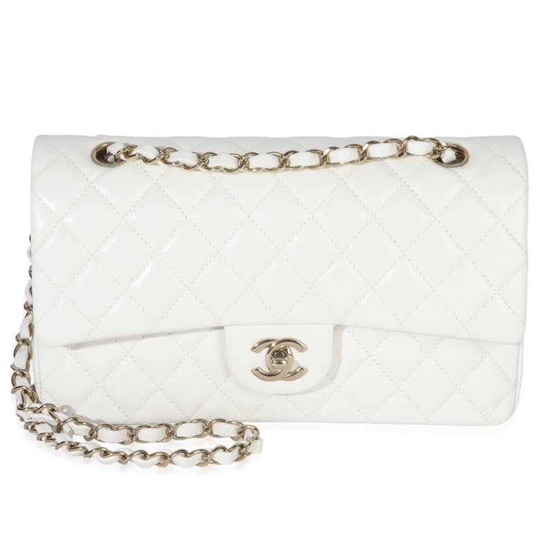 White Quilted Caviar Medium Double Flap Handbag