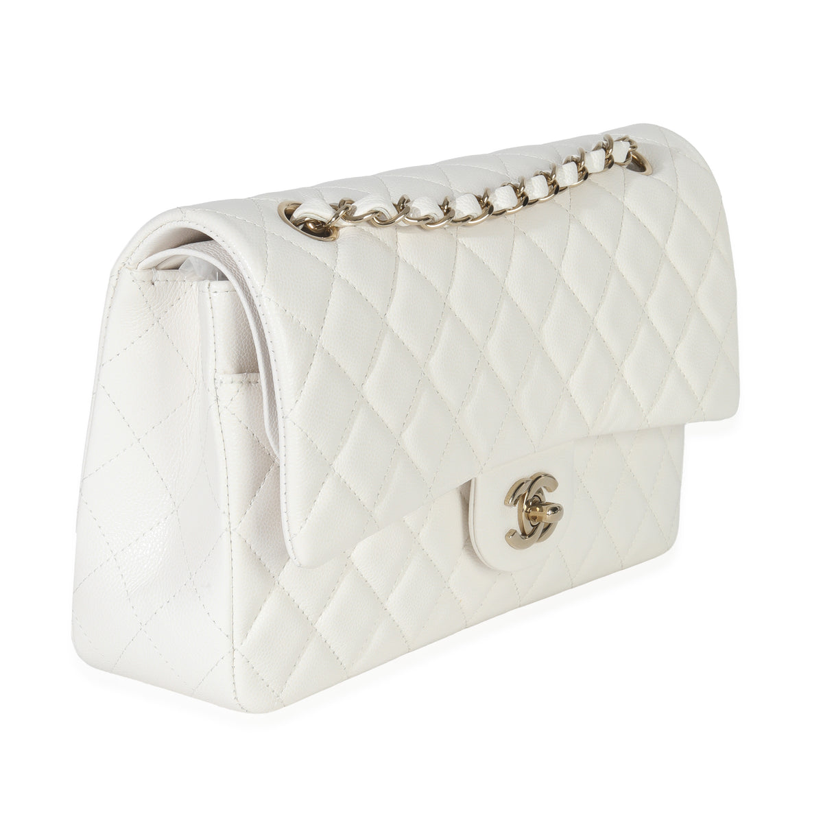 White Quilted Caviar Medium Double Flap Handbag