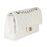 White Quilted Caviar Medium Double Flap Handbag