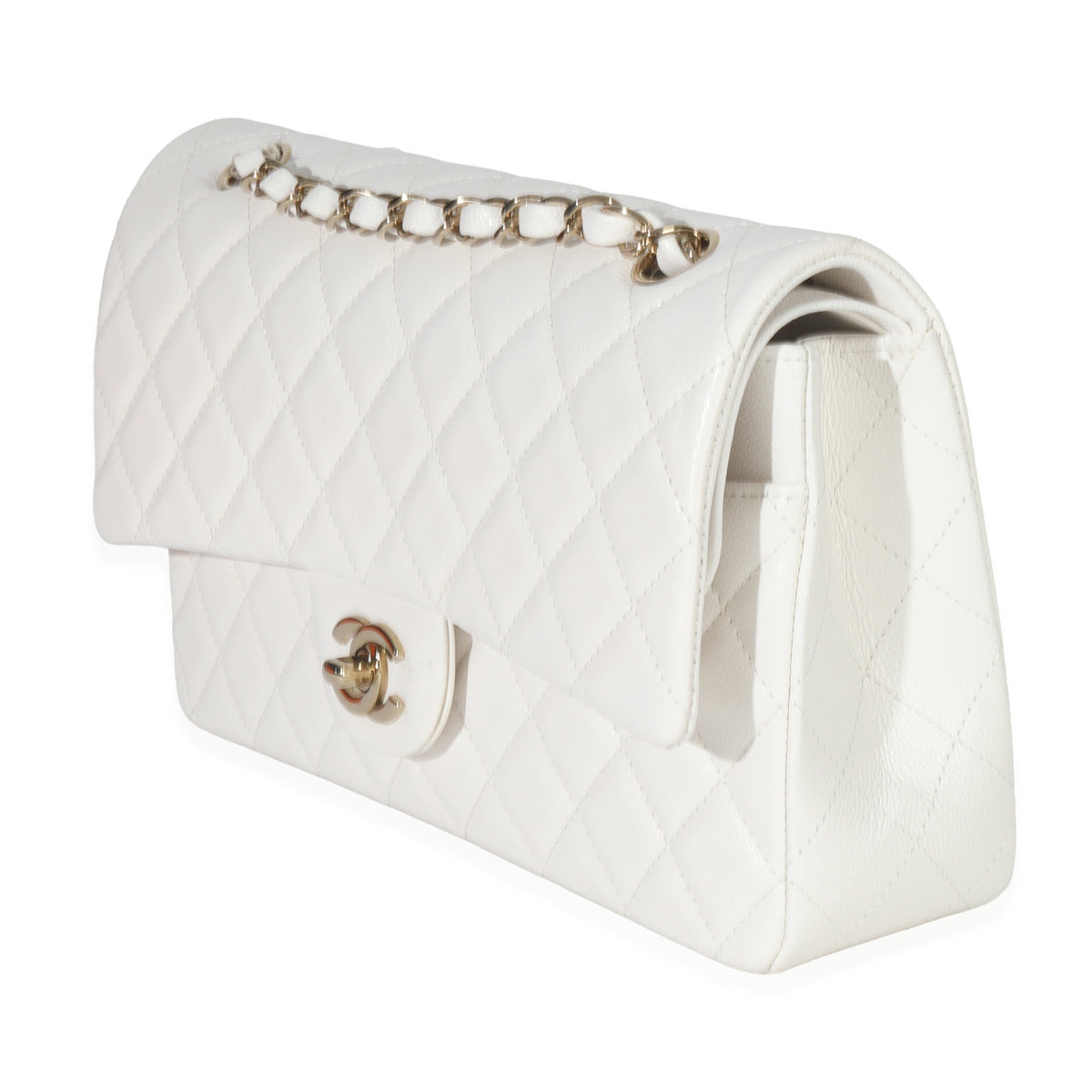 White Quilted Caviar Medium Double Flap Handbag
