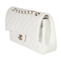 White Quilted Caviar Medium Double Flap Handbag