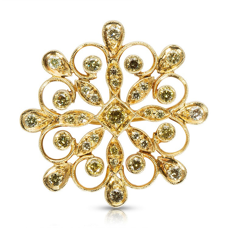 18KT Yellow Gold Snowflake Brooch Pin with Yellow Diamonds 1.35 ctw