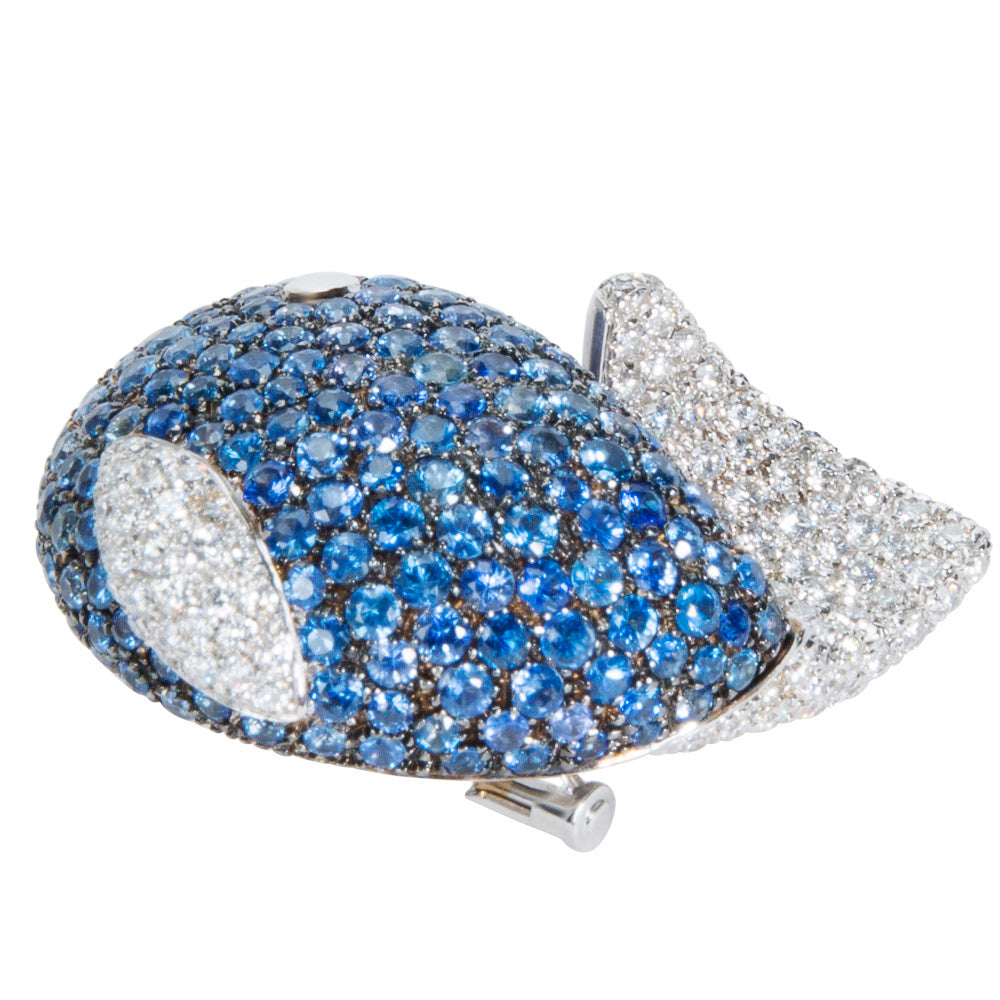 BRAND NEW Zydo Diamond and Sapphire Fish Brooch in 18K White Gold (1.51 CTW)