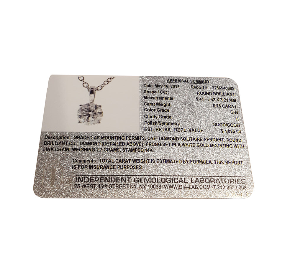 BRAND NEW IGL Certified Solitaire Diamond Necklace in 14K White Gold (0.75 CTW)