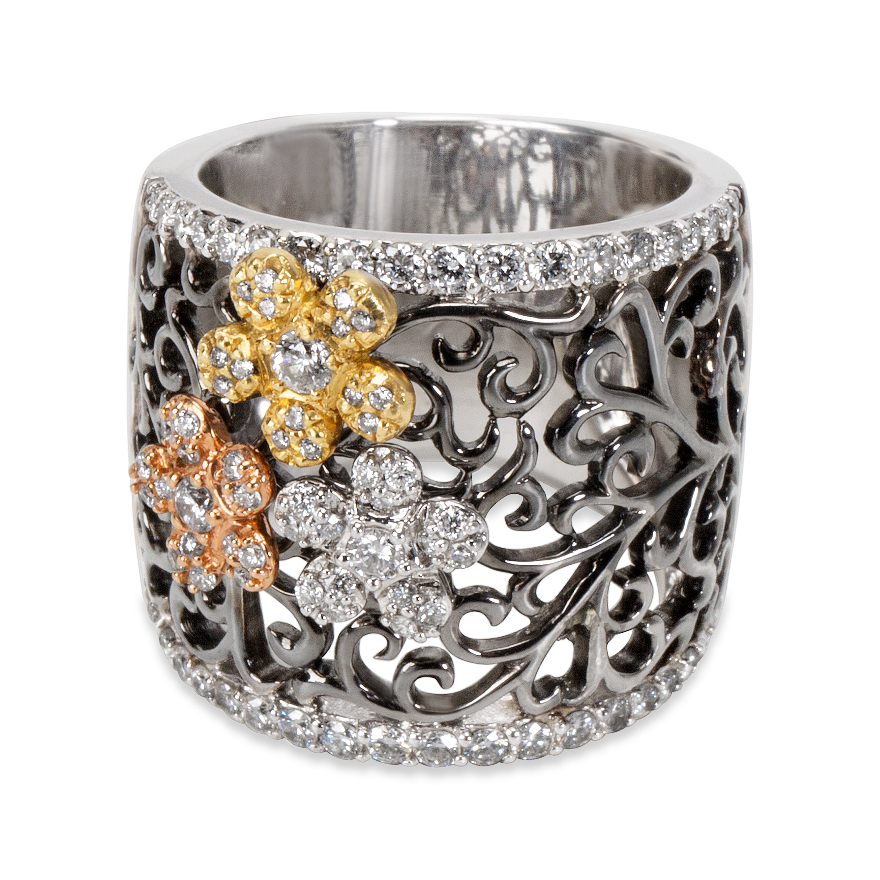 Diamond Tri Colored Flower Ring in 18KT White Gold 0.71 ctw