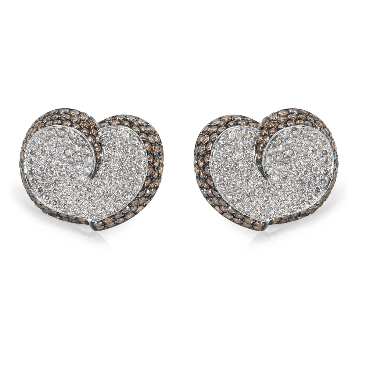Brown & White Diamond Heart Earrings in 18KT White Gold 7.00 ctw