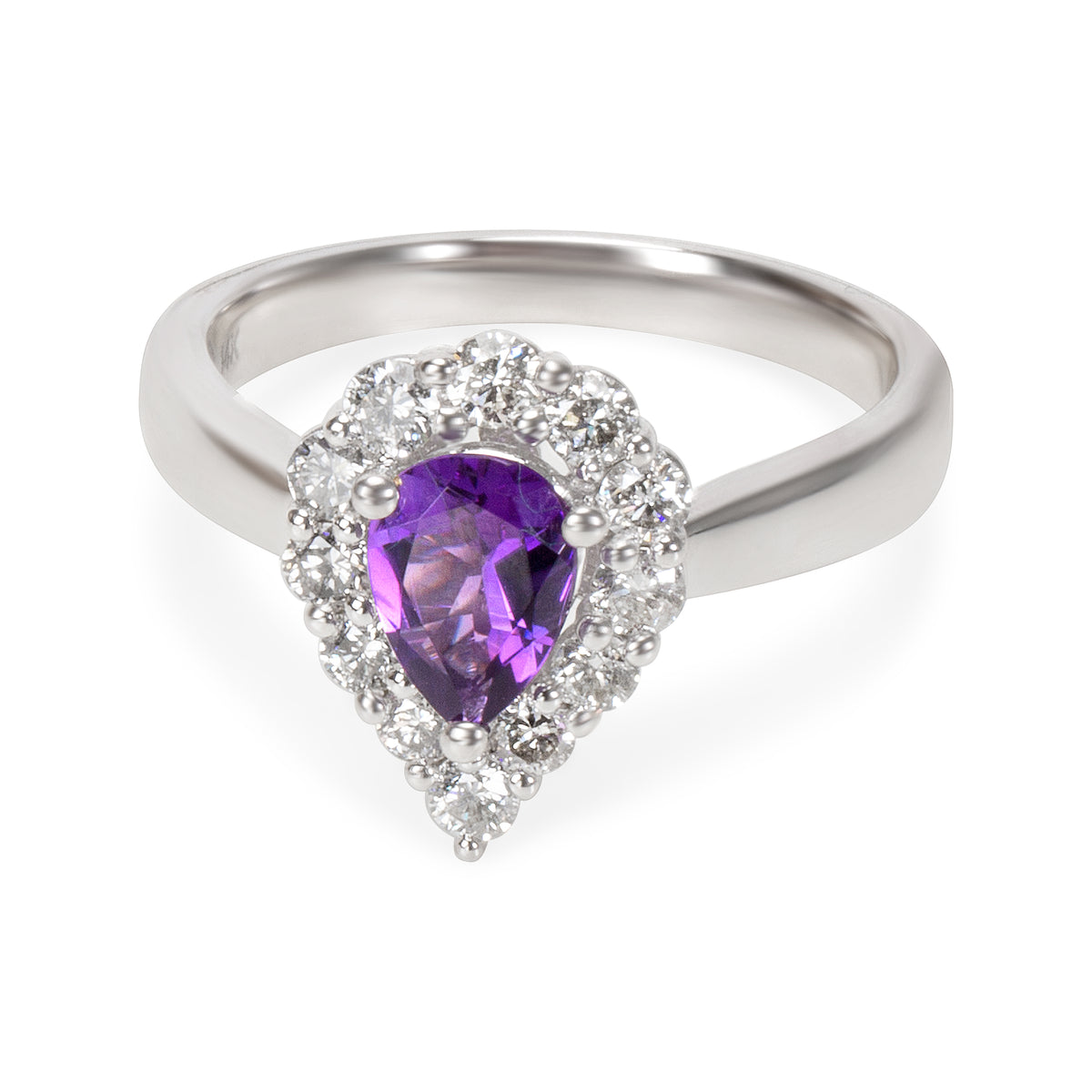 BRAND NEW Diamond Halo Pear Shape Amethyst Ring in 14k White Gold (0.60 CTW)