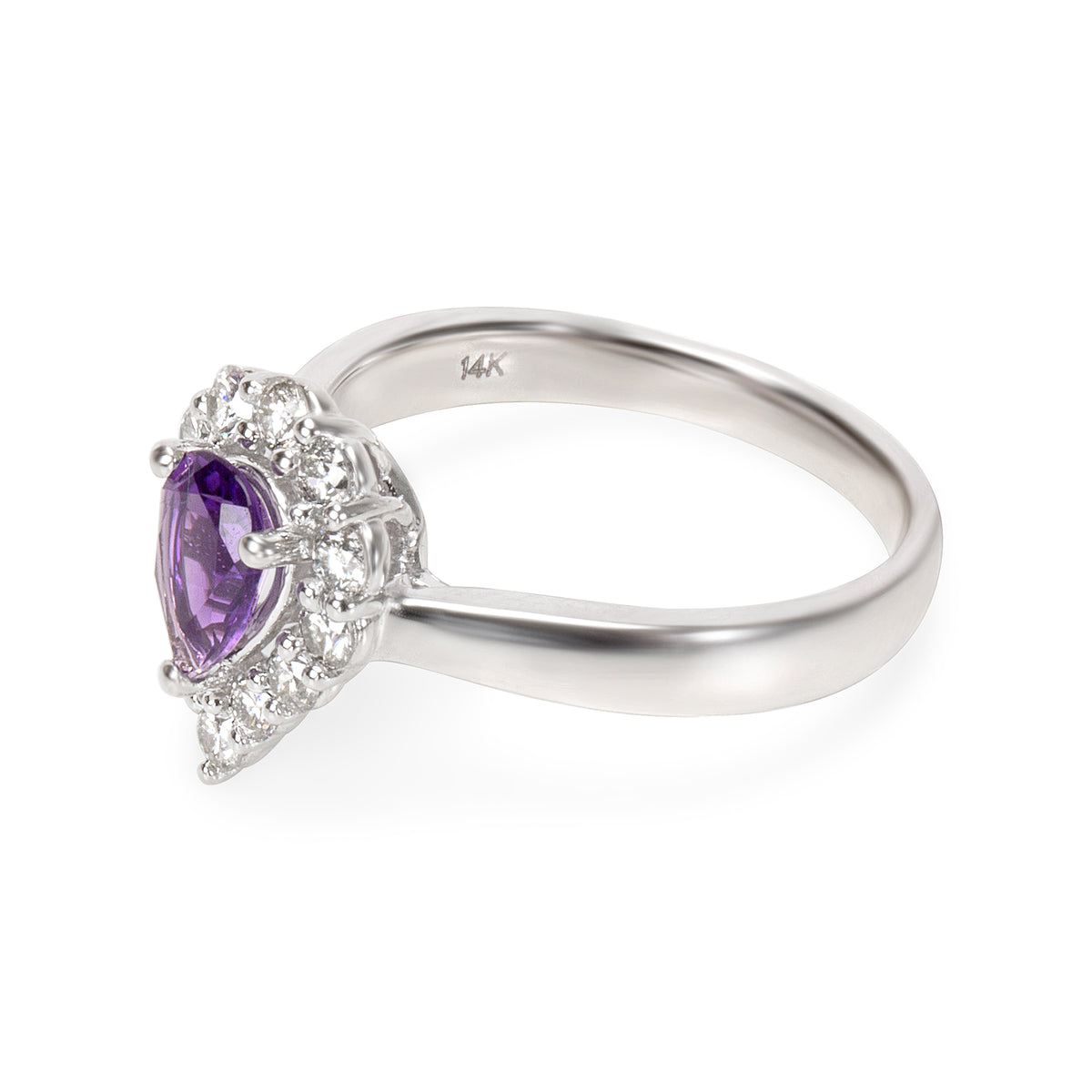 BRAND NEW Diamond Halo Pear Shape Amethyst Ring in 14k White Gold (0.60 CTW)