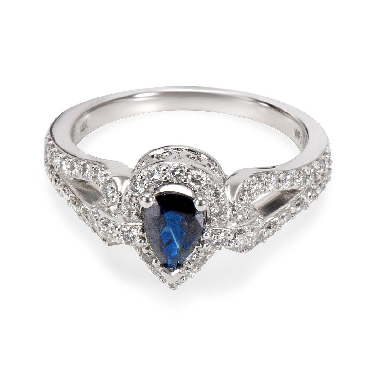 BRAND NEW Diamond Halo Pear Shape Sapphire Ring 14k White Gold (0.50 CTW)