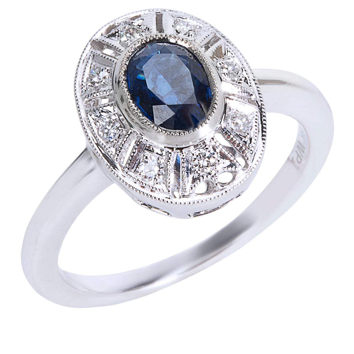 BRAND NEW Diamond & Sapphire Vintage Style Ring in 18K White Gold (0.10 CTW)