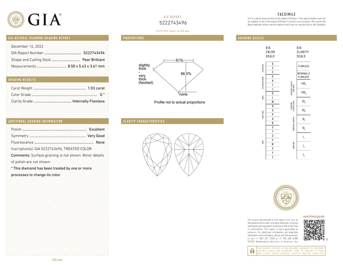 GIA Certified 1.03 Ct Pear cut G IF Loose Diamond