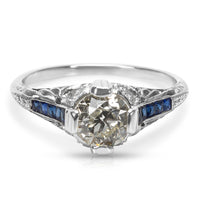 IGL Certified Art Deco Estate Diamond and Sapphire Engagement Ring in Platinum