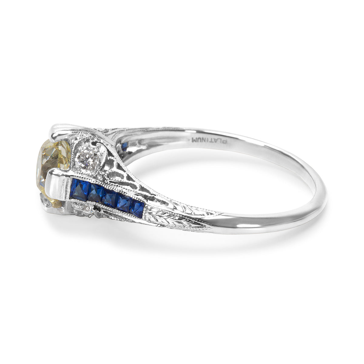 IGL Certified Art Deco Estate Diamond and Sapphire Engagement Ring in Platinum