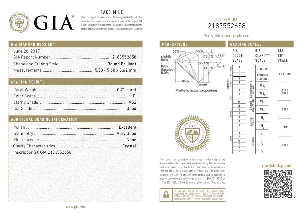 GIA Certified 0.71 Ct Round cut F VS2 Loose Diamond