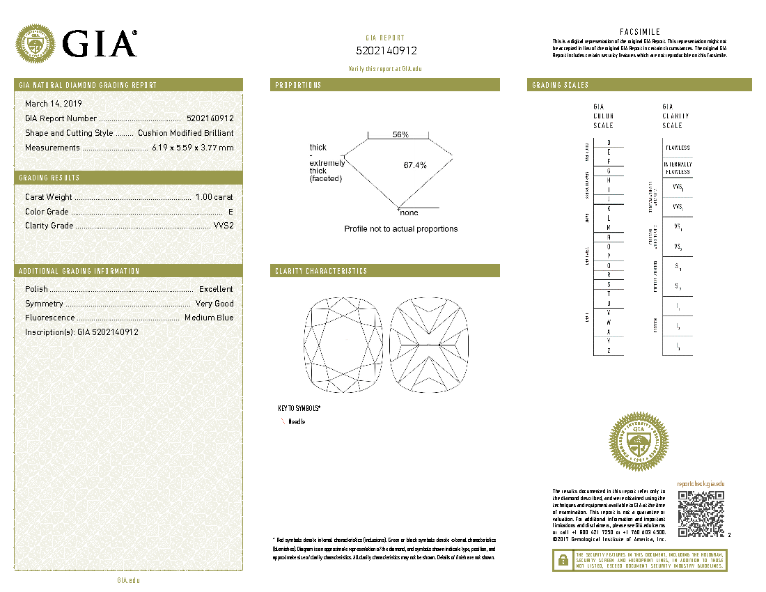 GIA Certified 1.00 Ct Cushion cut E VVS2 Loose Diamond