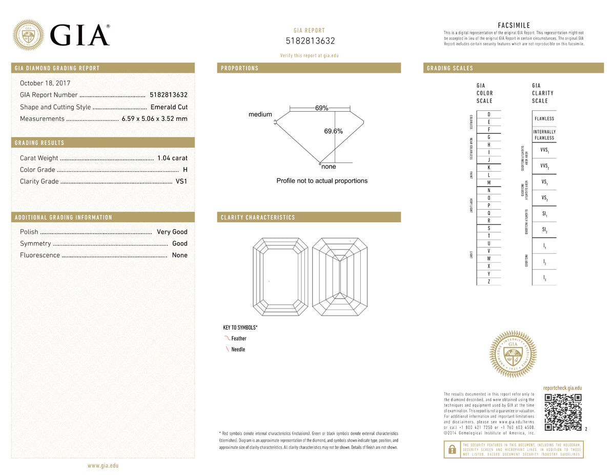 GIA Certified 1.04 Ct Emerald cut H VS1 Loose Diamond
