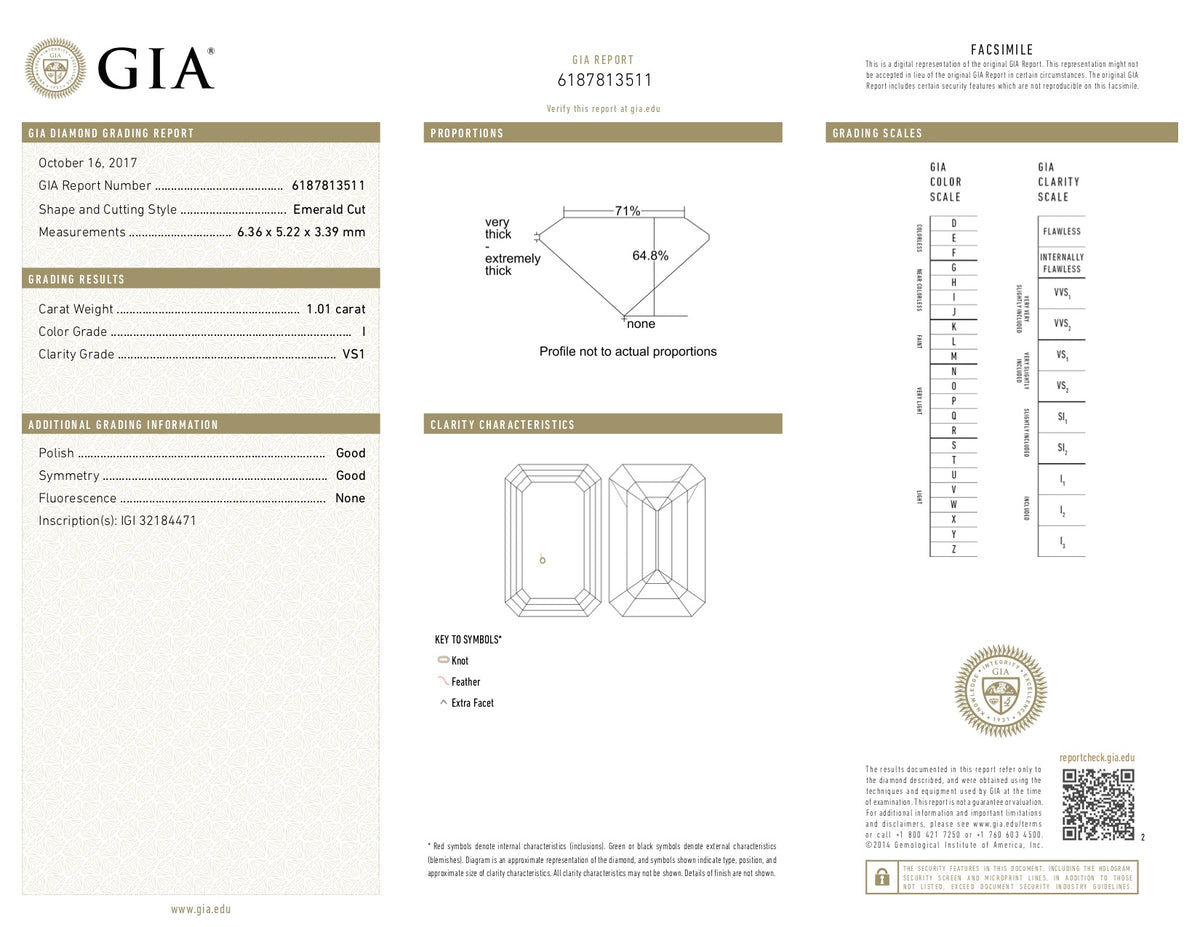 GIA Certified 1.01 Ct Emerald cut I VS1 Loose Diamond