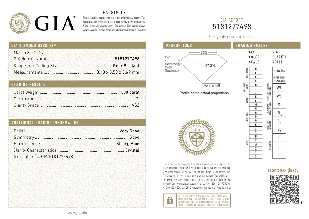 GIA Certified 1.00 Ct Pear cut D VS2 Loose Diamond