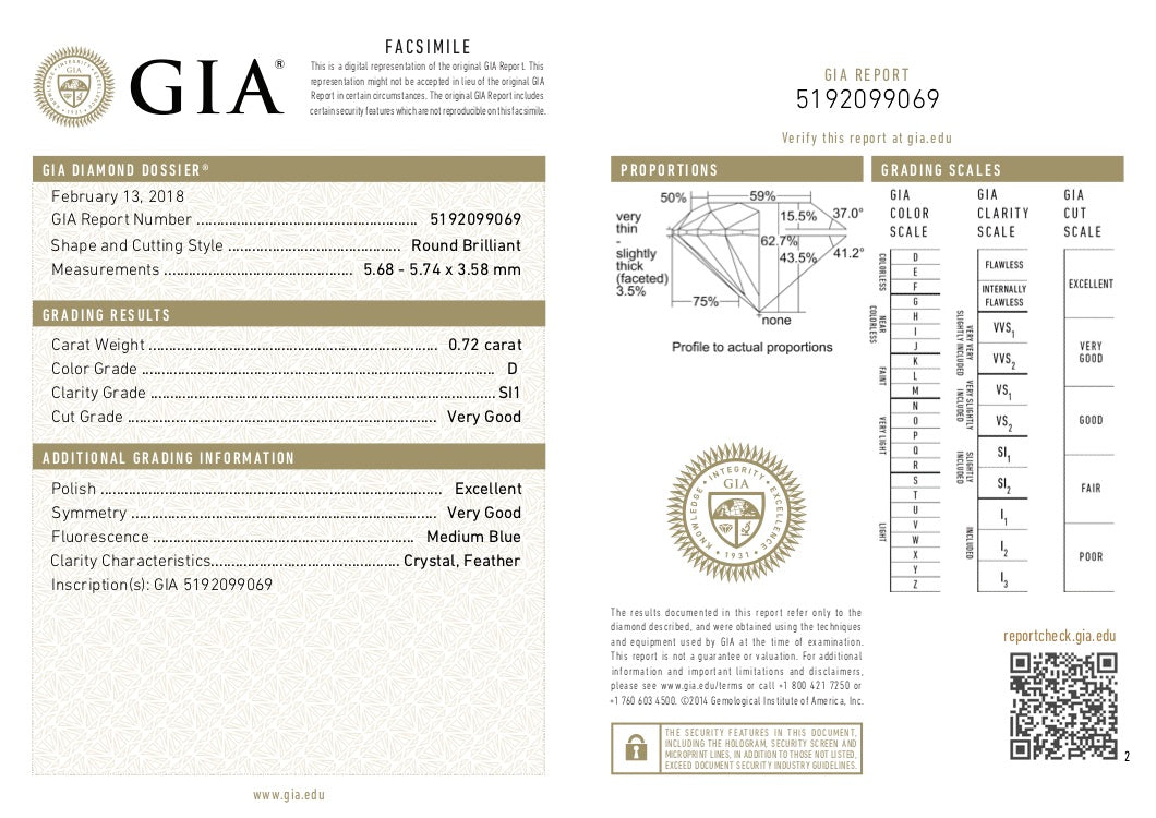 GIA Certified 0.72 Ct Round cut D SI1