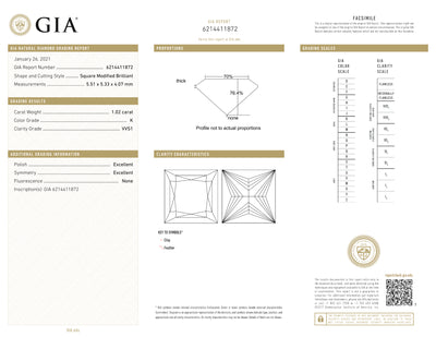 GIA Certified 1.02 Ct Square Modified Brilliant cut K VVS1 Loose Diamond