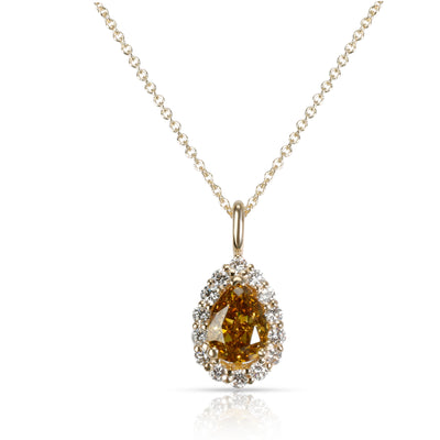 GIA  Fancy Deep Brown Yellow Pear Diamond Halo Necklace in 14KT Gold 1.32 CTW
