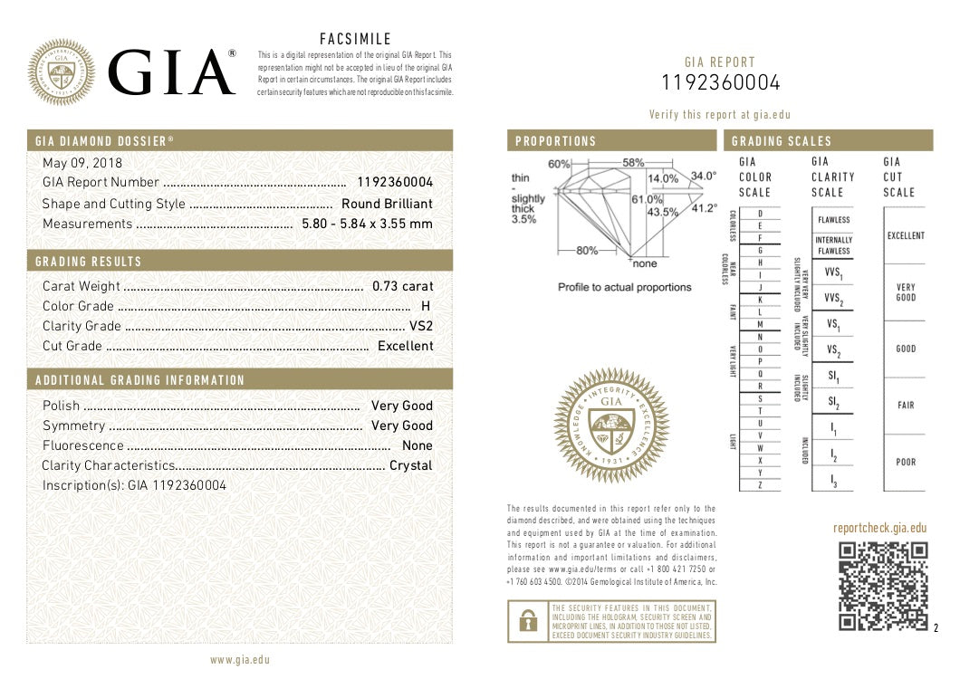 GIA Certified 0.73 Ct Round cut H VS2 Loose Diamond