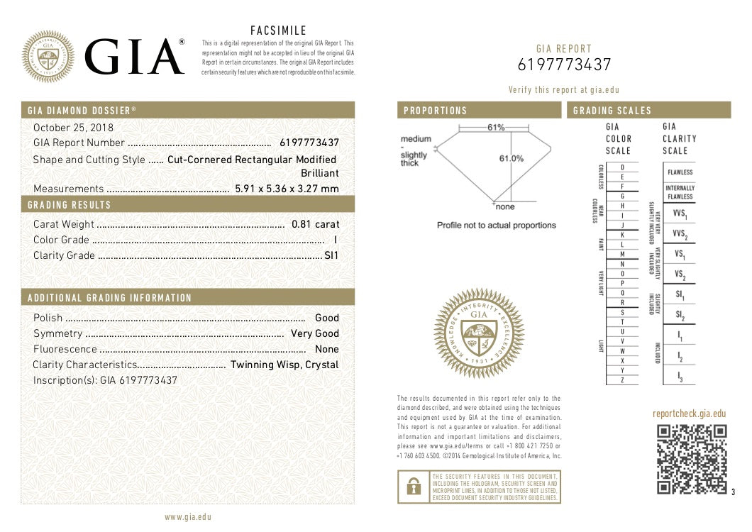 GIA Certified 0.81 Ct Radiant cut I SI1 Loose Diamond