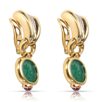 18KT Yellow Gold Ruby and Carved Green Stone Earrings with Diamond Accents