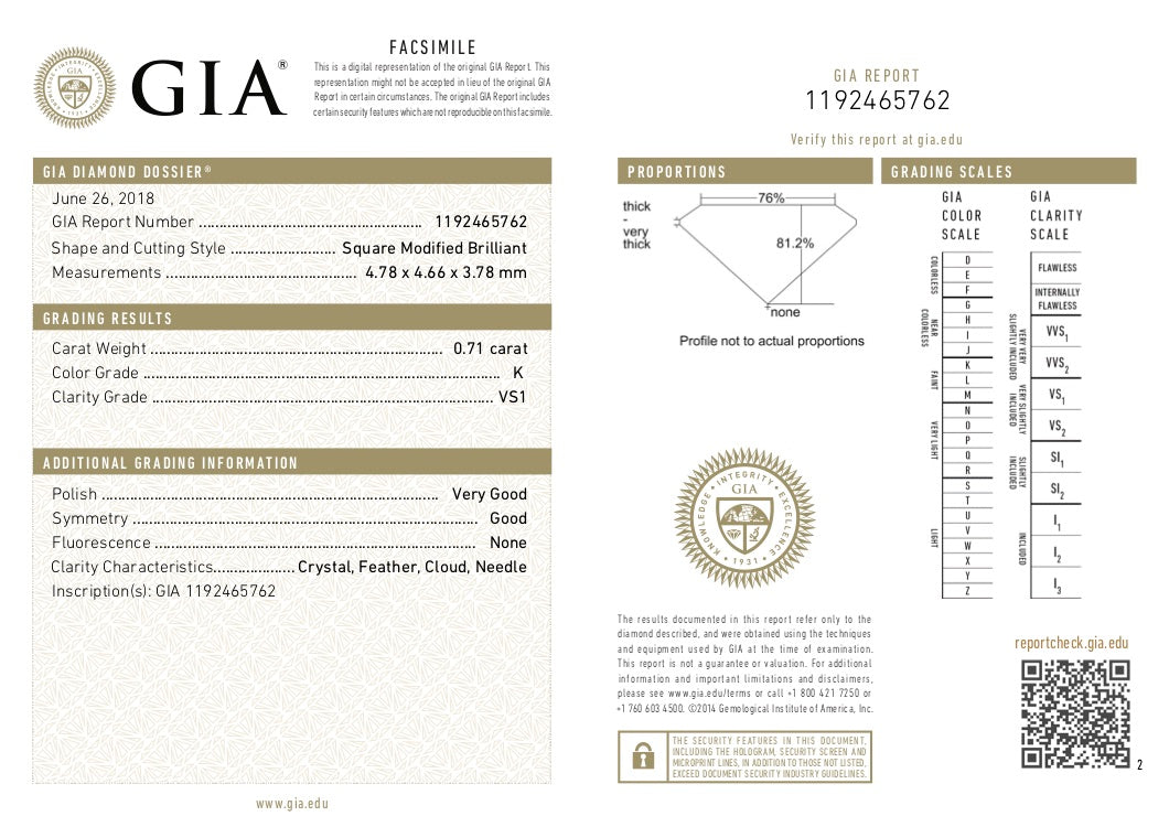 GIA Certified Princess Diamond Necklace in 14K Yellow Gold K VS1 0.71 CTW