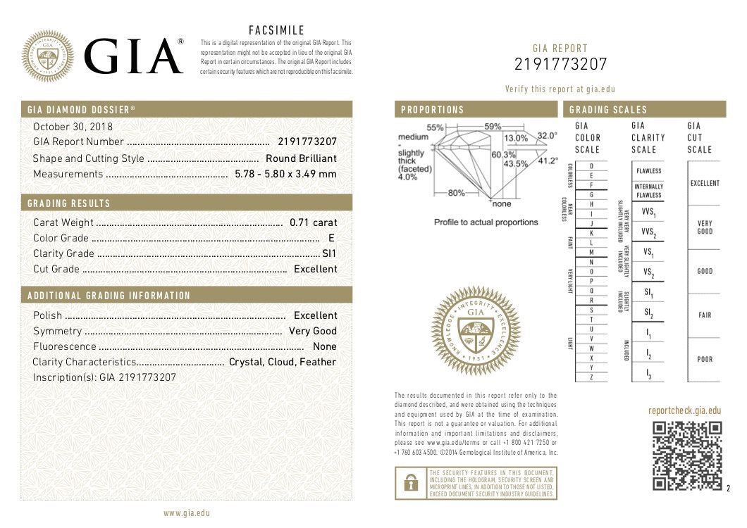 GIA Certified 0.71 Ct Round cut E SI1 Loose Diamond