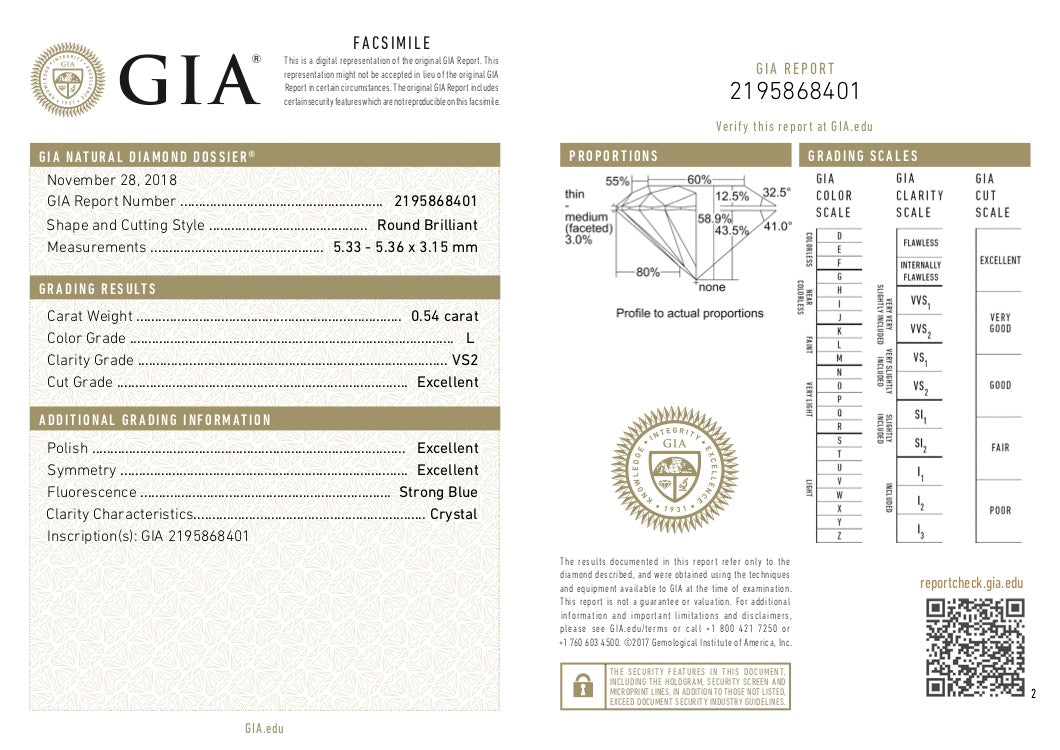 GIA Certified 0.54 Ct Round cut L VS2 Loose Diamond