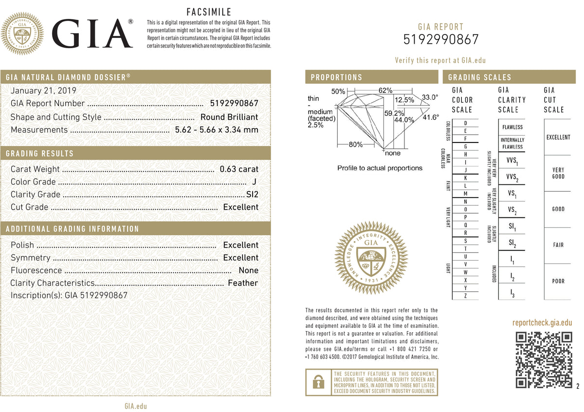 GIA Certified 0.63 Ct Round cut J SI2 Loose Diamond