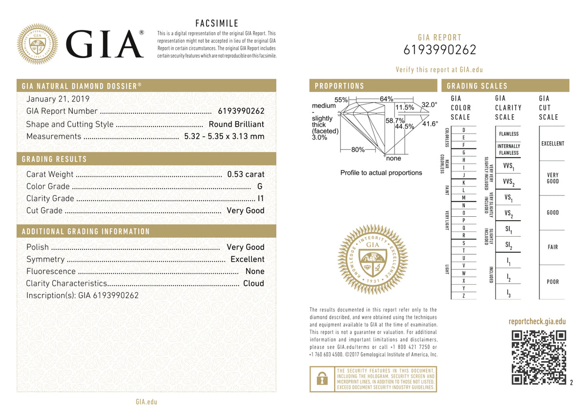 GIA Certified 0.53 Ct Round cut G I1 Loose Diamond