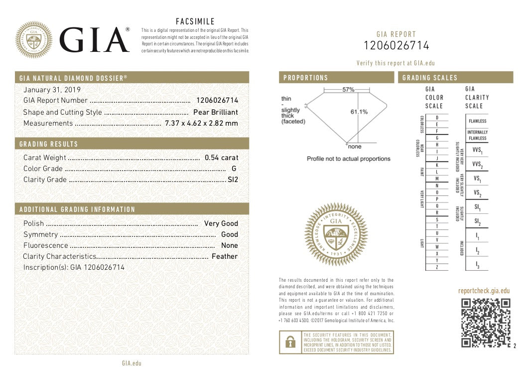 GIA Certified 0.54 Ct Pear cut G SI2 Loose Diamond