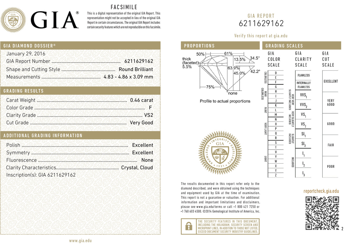 GIA Certified 0.46 Ct Round cut F VS2 Loose Diamond