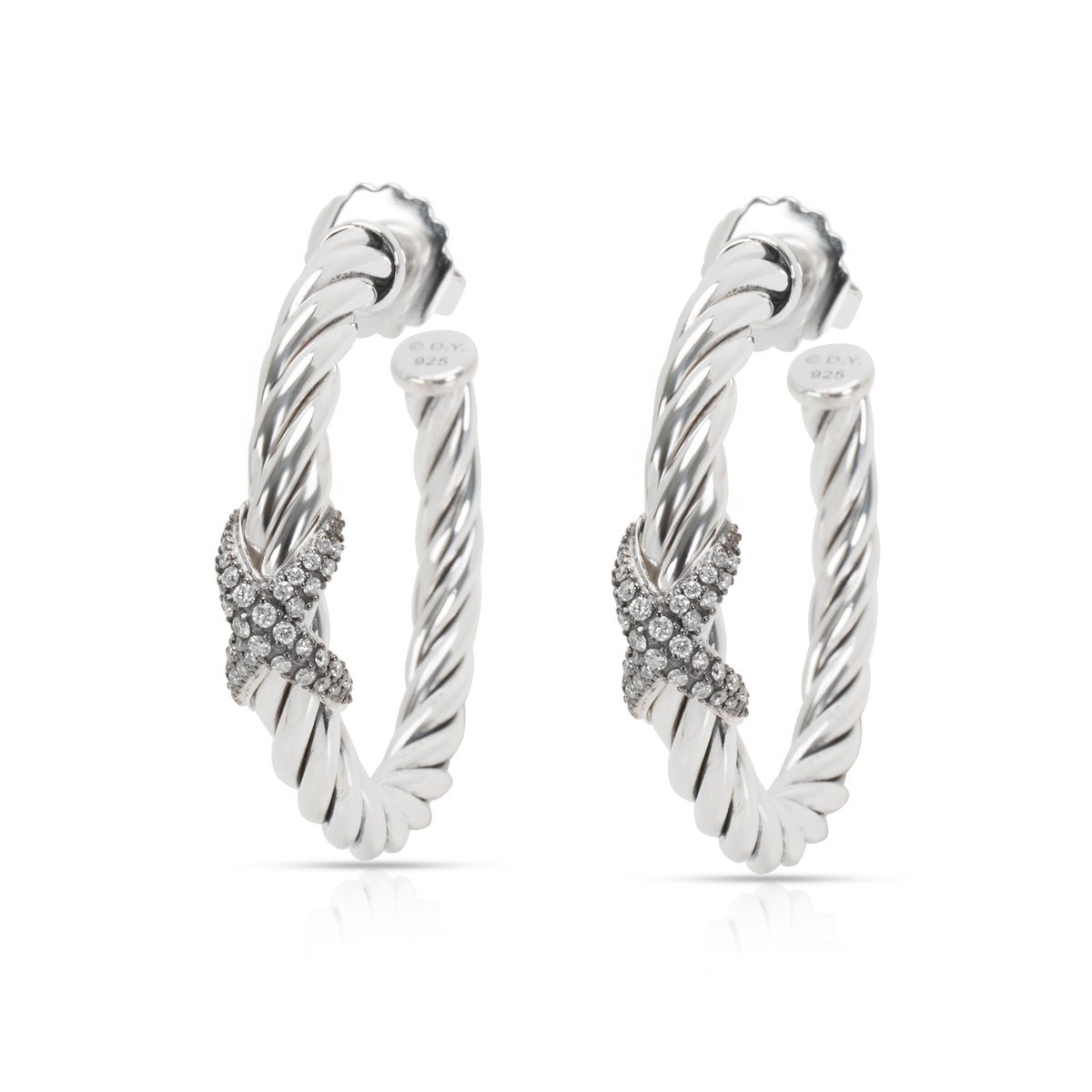 David Yurman Cable Diamond X Hoop Earrings in Sterling Silver (0.33 CTW)