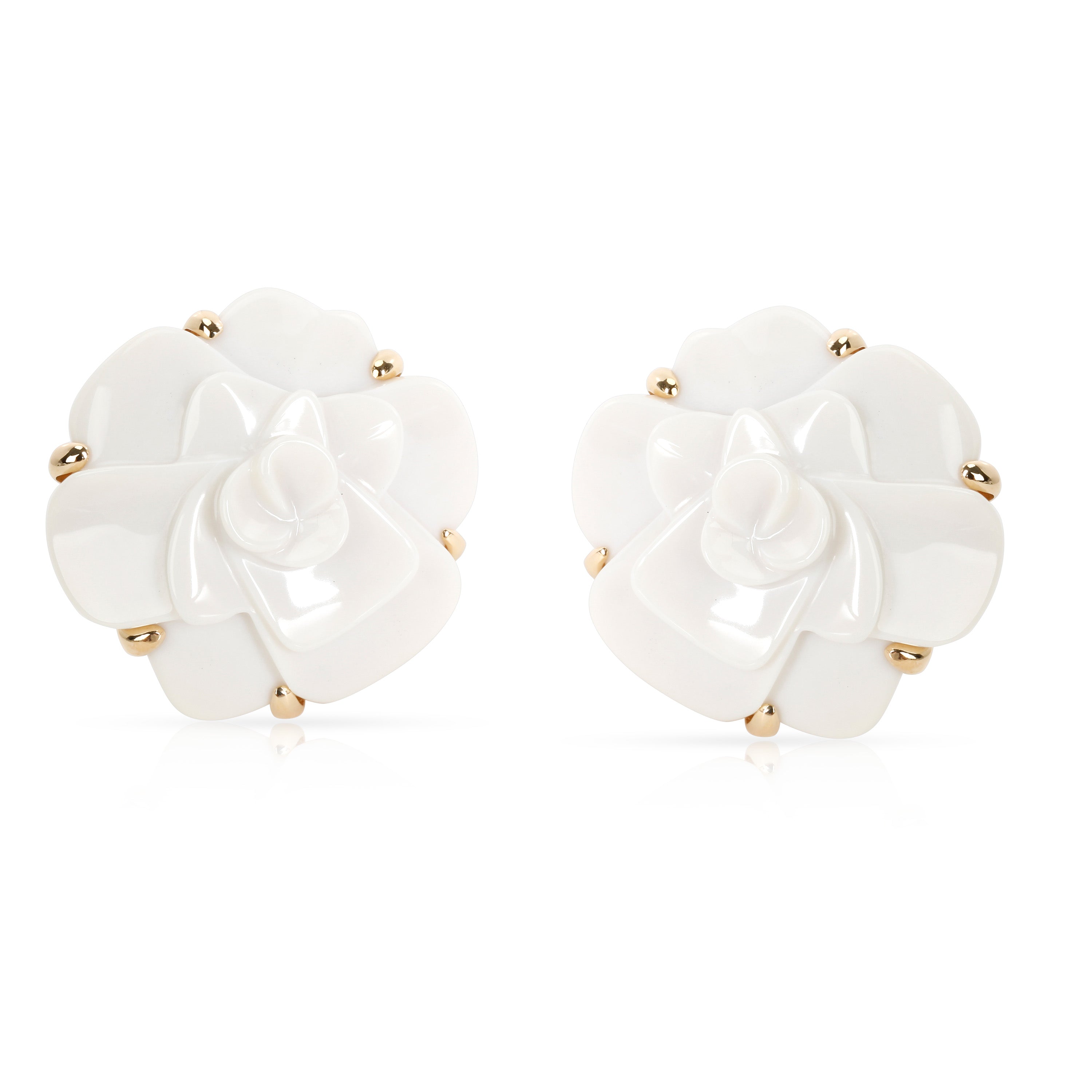 Chanel Camellia White Agate Flower Earrings in 18K Yellow Gold