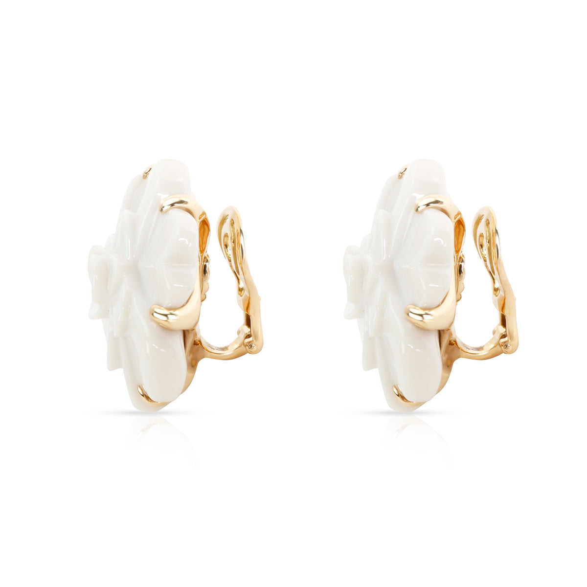 Chanel Camellia White Agate Flower Earrings in 18K Yellow Gold