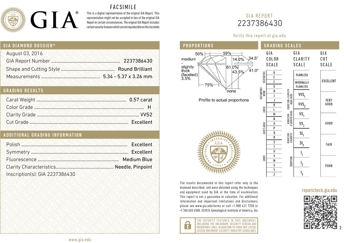 GIA Certified 0.57 Ct Round cut H VVS2 Loose Diamond