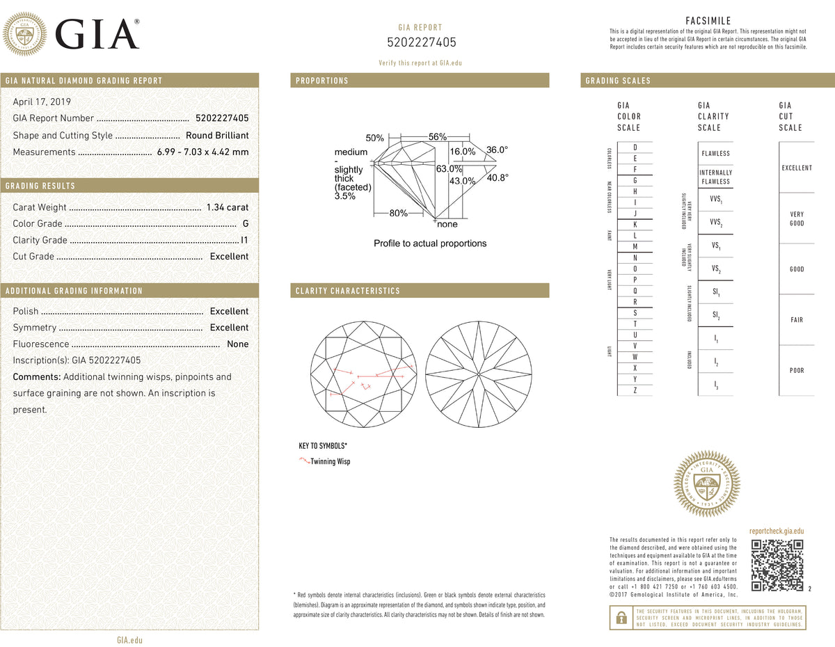 GIA Certified 1.34 Ct Round cut G I1 Loose Diamond