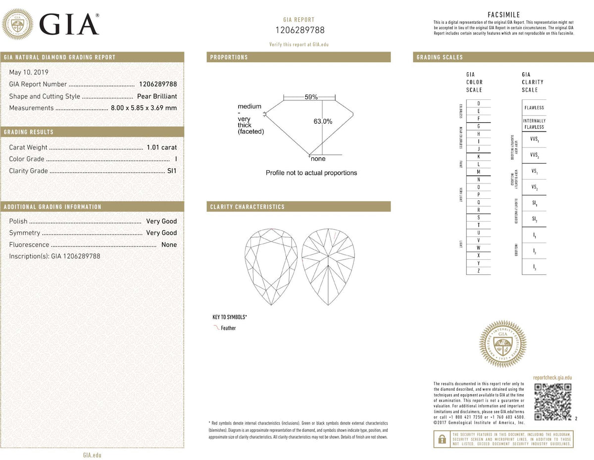 GIA Certified 1.01 Ct Pear cut I SI1 Loose Diamond